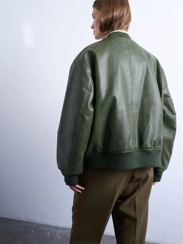 Topshop-Faux-Leather-Oversized-Bomber-Green-Jacket-Back