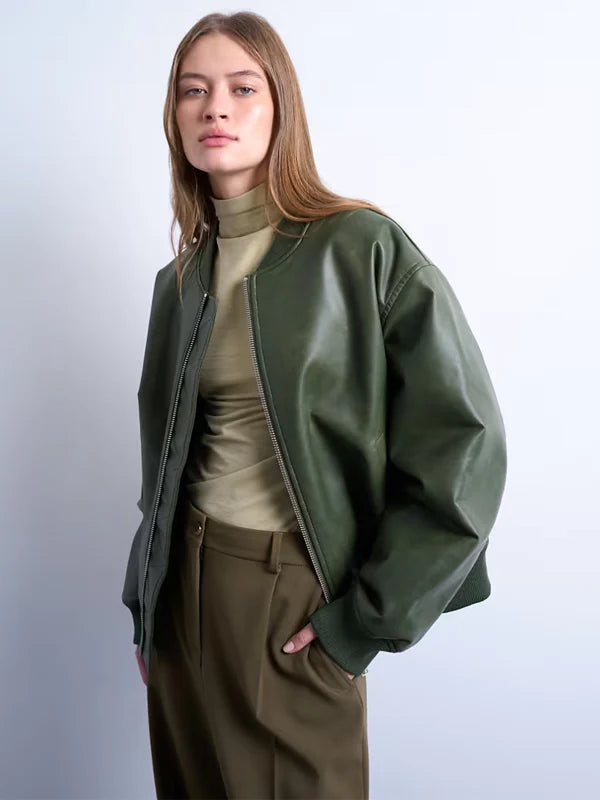 Topshop-Faux-Leather-Oversized-Bomber-Jacket-In-Green