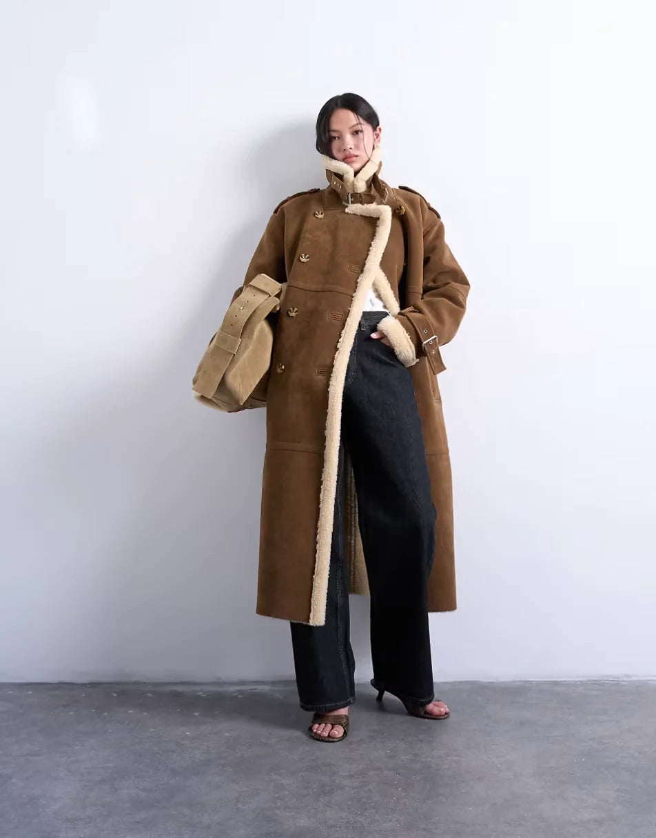 Topshop-Longline-Aviator-Faux-Shearling-Coat-In-Tan-And-Cream