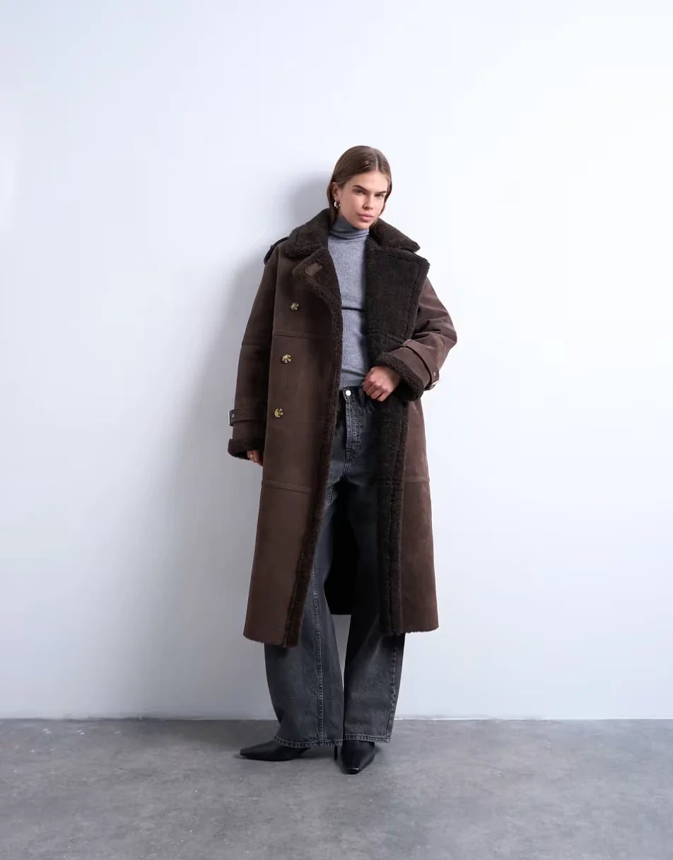 Topshop-Longline-Aviator-Faux-Shearling-Jacket-In-Chocolate