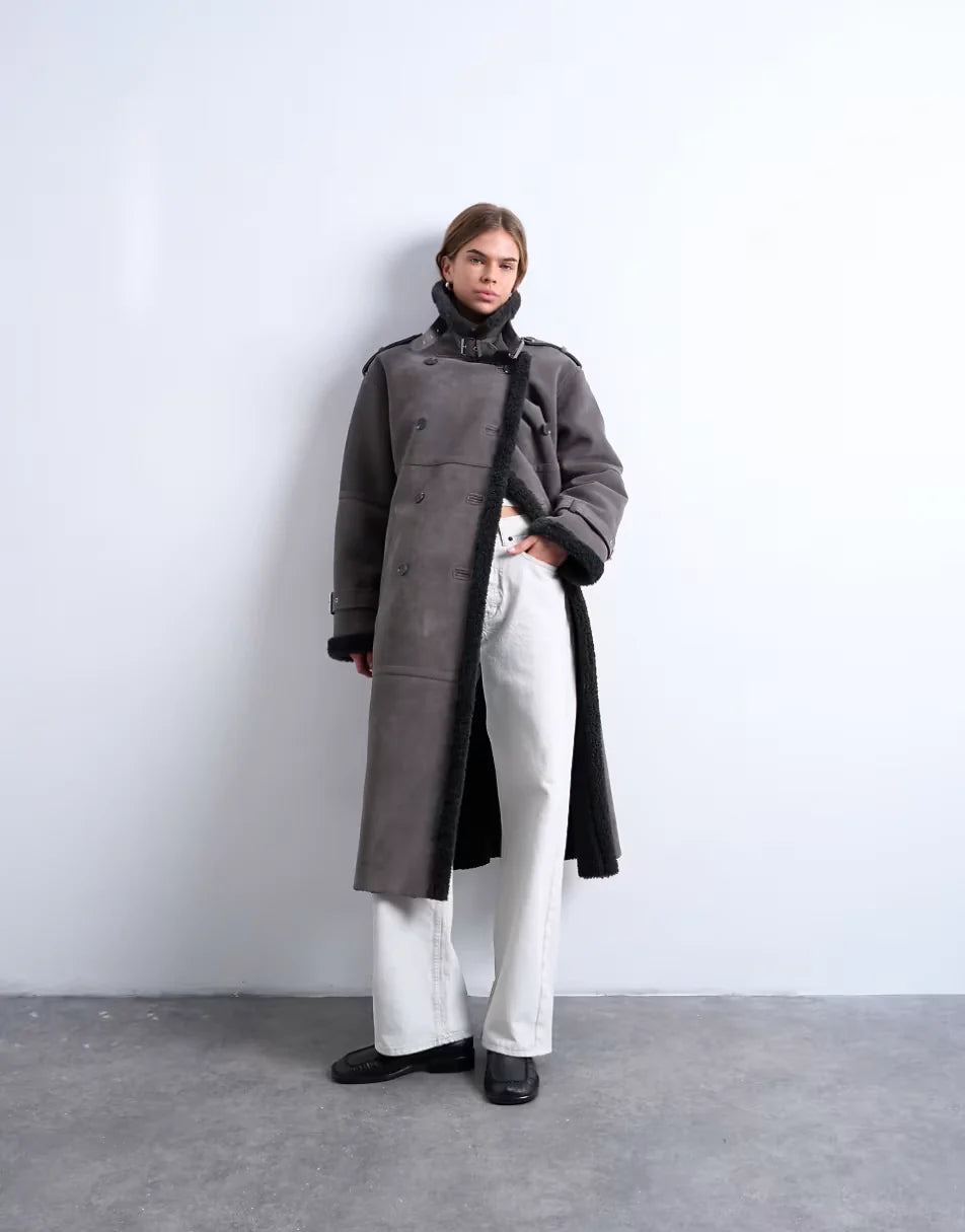 Topshop-Longline-Aviator-Faux-Shearling-Jacket-In-Gray