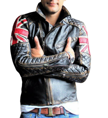 Vintage Motorcycle Biker UK Flag Leather Jacket Zing Apparel