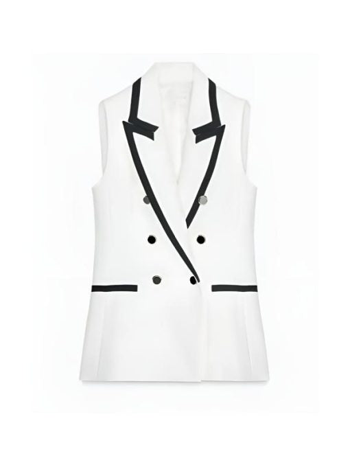 White Sleeveless Blazer Vest With Contrasting Black