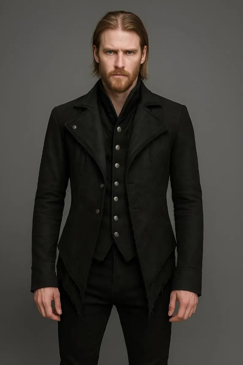 Handmade Men's Black Steampunk Jacket, Gothic Victorian Coat