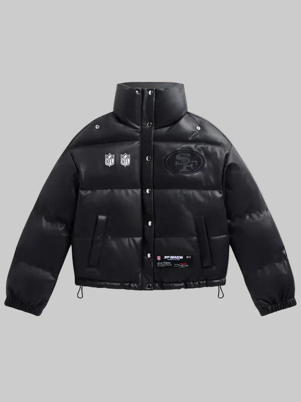 Womens-Black-San-Francisco-49ers-Faux-Leather-Puffer-Jacket
