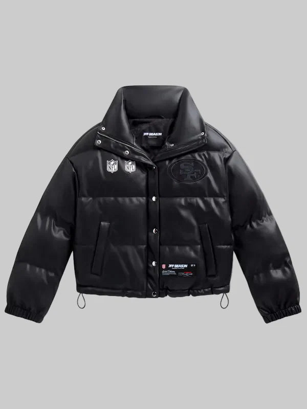 Womens-San-Francisco-49ers-Faux-Leather-Puffer-Black-Jacket
