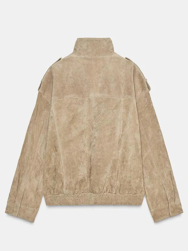 Zara-Woman-Nwt-Suede-Leather-Jacket-Bomber-Brown-Taupe-Back