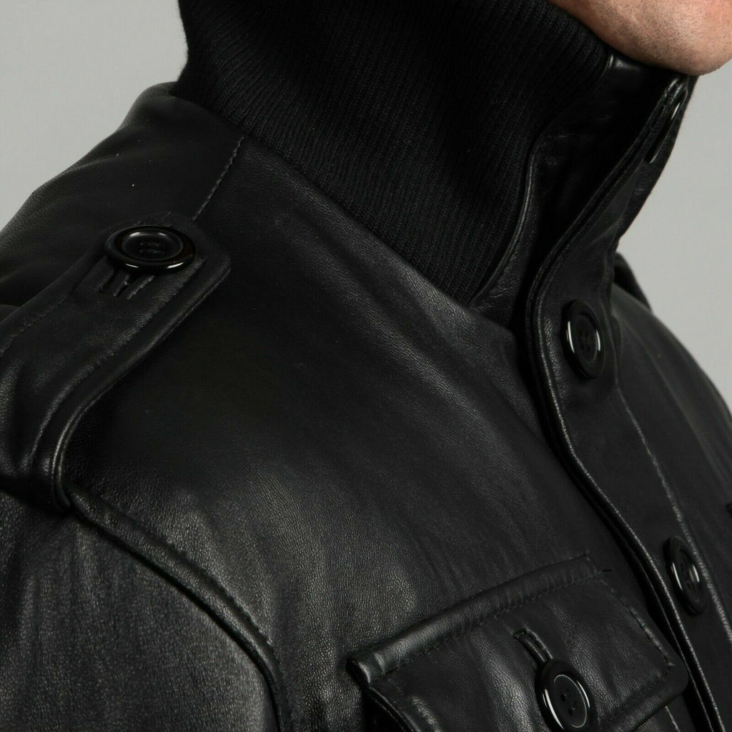 Men’s 4 Pockets Black Leather Bomber Jacket Zing Apparel