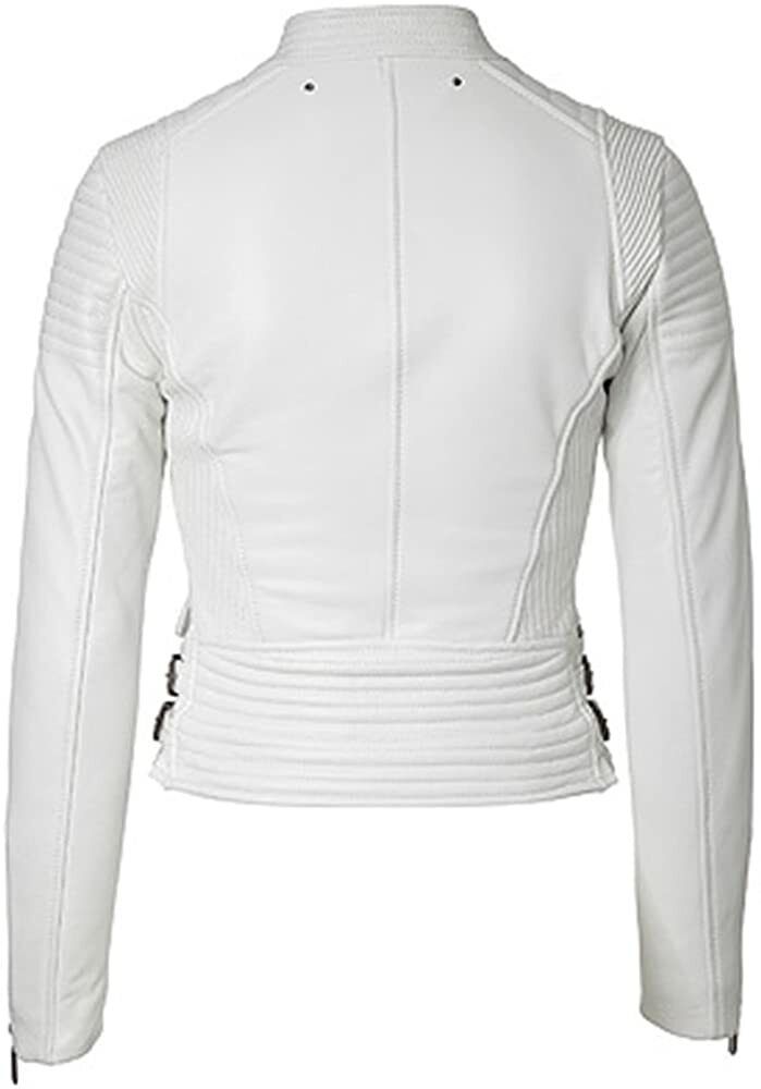 Biker Quilted Leather Leather Jacket Women, White Zing Apparel
