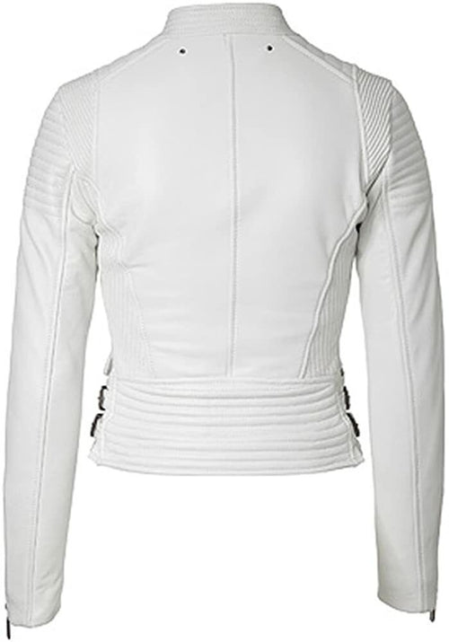Biker Quilted Leather Leather Jacket Women, White Zing Apparel