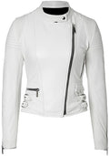 Biker Quilted Leather Leather Jacket Women, White Zing Apparel