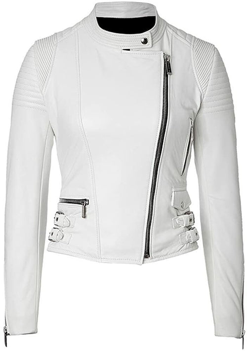 Biker Quilted Leather Leather Jacket Women, White Zing Apparel